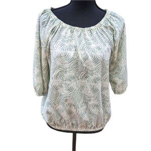 Bobeau Shirt Top Blouse Women's Small Cream and Green 3/4 Sleeve ‎ Round Neck